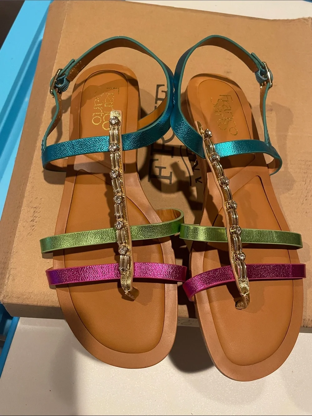 Franco Sarto Teal, Green & Magenta Jewel T-Strap Sandals